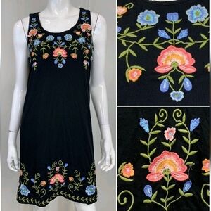 J. Jill Floral Embroidered Black Shift Tank Mini Dress Women’s Size Small